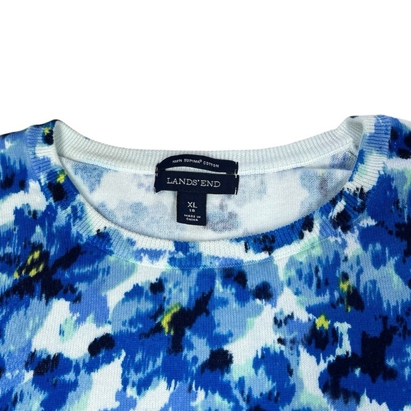 LANDS' END Blue Floral Supima Cotton Crewneck Sweater 3/4 Sleeve Women's XL - Picture 9 of 16